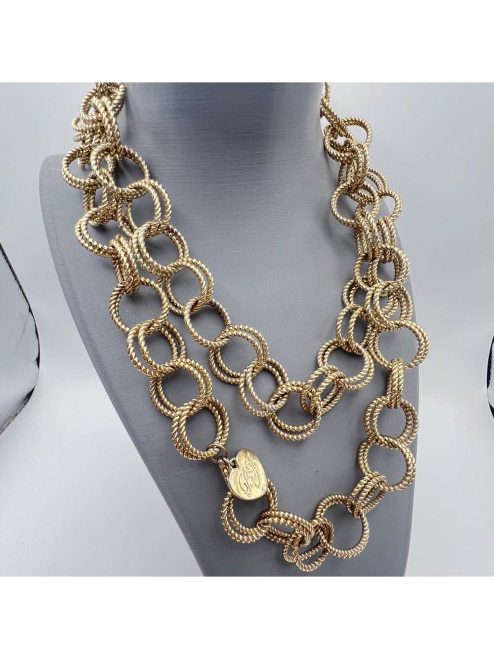 Signed Betsey Johnson Gold-Tone 36" Double Rope Link Chain Necklace Heart Charm